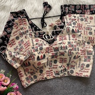 Readymade Saree Blouse Cotton Ajrakh Off White & Black