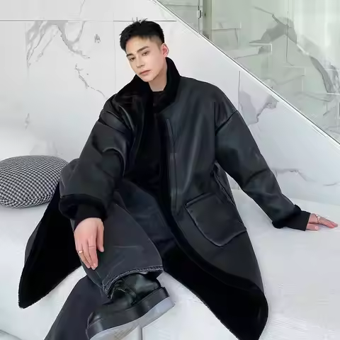 New Faux Fur-Lined Trendy Warm Winter Men's Coat Faux Fur Jacket Fleece Lining Thickened Long Trench