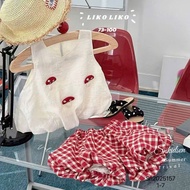 SN157 Bộ quần áo bé gái Set áo nấm đũi hàn quần bí kẻ caro đỏ cho bé gái