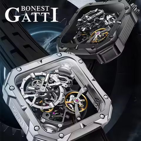 BONEST GATTI 4001 Fashion Automatic Man Watch Luxury Square Mechanical Wristwatch Luminous Hollow Ou