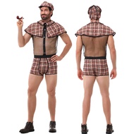 Sexy mesh see-through nightclub outfit, adult male Sherlock Holmes detective cosplay costume