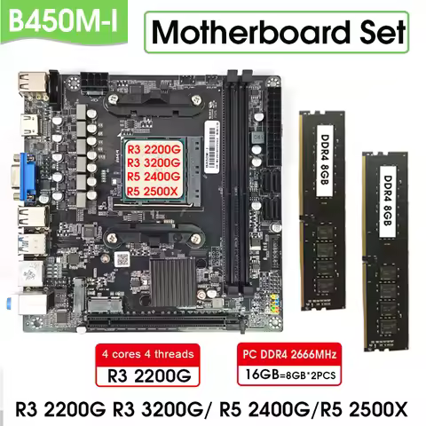 B450 AMD AM4 Mini ITX Motherboard set Ryzen 2200G 2400G 3200G 2500X CPU and 16GB DDR4 Memory KIT AM4