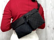 GUCCI GG帆布男士斜背包/腰包，黑色帆布和皮革拼接