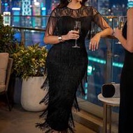 Women's Contrast Lace Round Neck Multilayer Tassel Roaring 20s Fringe Dress Elegant Black Long Fitte