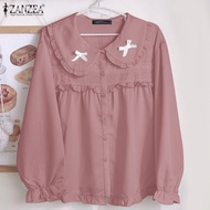 ZANZEA เสื้อแต่งขอบระบายมีปกแฟชั่นสำหรับผู้หญิงแขนยาวผูกโบว์สีเสื้อที่น่าดึงดูด #0310