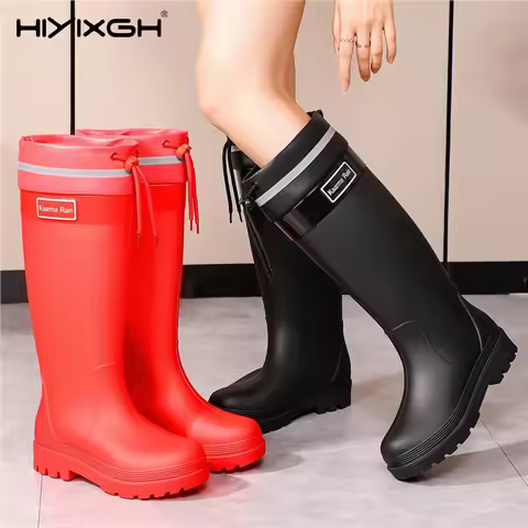 Fashionable Waterproof Women's Hiking Shoes High-Tube Thickened Low Heel Pure Color Rain Boots Suita