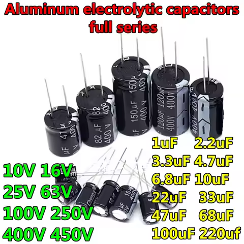 20pcs 10V 16V 25V 63V 100V 250V 400V 450V Aluminum capacitor 1uF 2.2uF 3.3uF 4.7uF 6.8uF 10uF 22uF 3