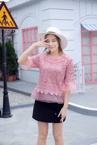 FON เสื้อลูกไม้แต่งผ้าแก้ว มีไซร้38-40-42-44-46นิ้ว#A9898-1