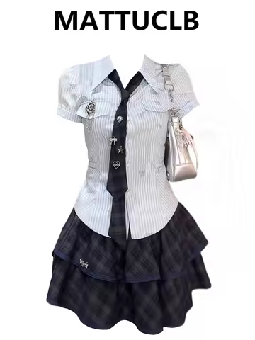 Summer Women Y2k Kpop Preppy Coquette Idols JK Fashion 2000s Outfits 2 Piece Set Short Sleeve Stripe