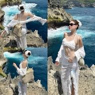 Y2K185 Set 3 BeachPiece white bra with long slit lace button skirt and super cute cardigan MAINANA M
