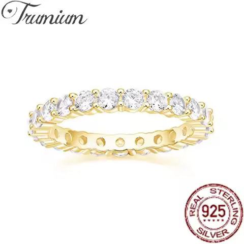 Trumium Ring Silver 925 Wedding Ring Round Zirconia Diamond Full Eternity Stackable Engagement Ring 