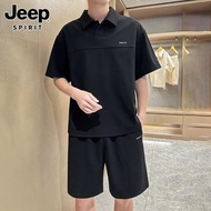 Jeep吉普休閑運動套裝男士夏季薄款純色短袖Polo衫搭配短褲兩件套