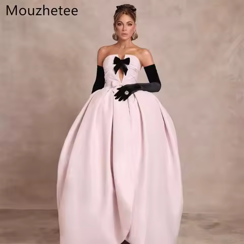 Booma Elegant A-Line Strapless Pink Bow Dresses Formal Party Gowns for Women Satin Simple Sleeeveles