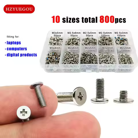 800pcs/box Laptop Computer Screw Bolt M2 M2.5 M3 Silver Phillips Cross Ultra Thin Flat Wafer Head Mi