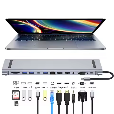 USB C 3.0 HUB Type C to Multi 4K HDMI Monitor Video Converter RJ45 Ethernet VGA PD Power Adapter Doc