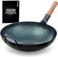 YOSUKATA Blue Round Bottom Wok Pan – 14"/36 cm Woks and Stir Fry Pans - Chinese Hammered Pow Wok Carbon Steel Wok - Traditional Chinese Japanese Woks - Blue Steel Wok (14"/36 cm, Blue)