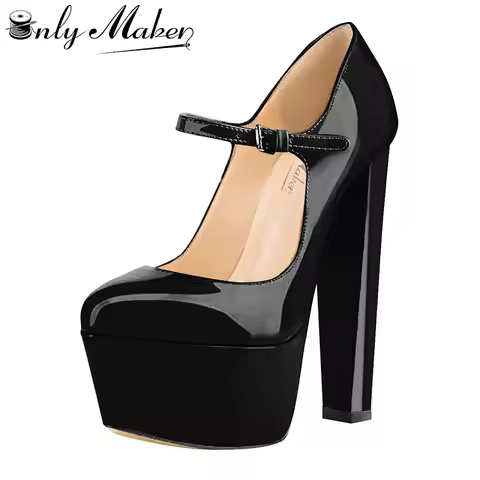 Onlymaker Women Platform Mary Janes Heeled Heels Wave Strap Ankle Strap Fashion Black Pumps