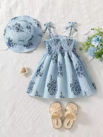 2-Piece Set for Baby Girls, Summer Thin Dress Outfit, Children's Square-Neck Floral Print Elastic Wa