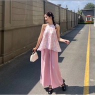 Sét bộ thời trang nữ đi chùa chất áo voan hoa cổ yếm dây mix quần lụa ống rộng lưng thun 2 màu xanh 