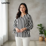 Lovito Blouse Wanita Plus Size Curve Santai Bergaris Ikat Pinggang LBL19053