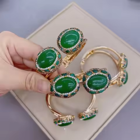 Green Jade Crystal Open Bangle Geometric Simulated Gemstone Bracelet Bangles for Women Men Boho Punk