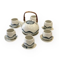 Bộ bình trà ấm chén men rạn hoạ tiết hoa sen chàm vẽ tay thủ công gốm sứ Bát Tràng
