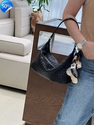 Light luxury womens bag crescent bag fashionable leather womens bag woven bag hand-held large capaci