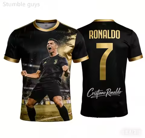 Cristiano Ronaldo #7 Juventus Black Gold Soccer Jersey T-Shirt, Men Women Short Sleeve Football Fan 