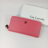 Guy Laroche กระเป๋าสตางค์ผู้หญิงใบยาว ซิปรอบ สีชมพู หนังลาย อะไหล่สีทอง