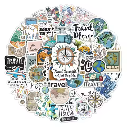 50Pcs Global Travel Themed Stickers World Map Landscape Waterproof Decals for Luggage Decor Sticker