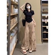 2025 new Chinese style suit cold Zen temperament slim top high waist wide-leg skirt and pants two-pi