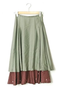 TOGA PULLA 18AW 聚酯斜紋褶襉半身裙 TP82-FG231 34碼 卡其色/酒紅色 雙扣喇叭裙擺 [二手] [TOGA PULLA ]