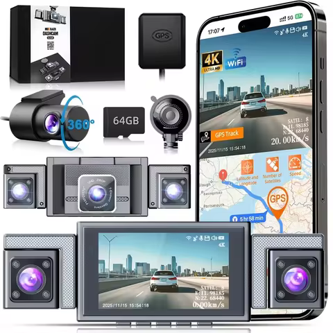 4K 4-Channel 360° Dash Cam for Cars,1080P Left/Right/Rear, WiFi,GPS,3"IPS Screen,Night Vision,Loop R