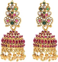 Traditional Indian Handcrafted Multicolor Stone Design Antique Gold Plated Kundan Polki Temple Jewellery Jhumka Earring For Women (SJ_1925), Medium, Brass, Cubic Zirconia