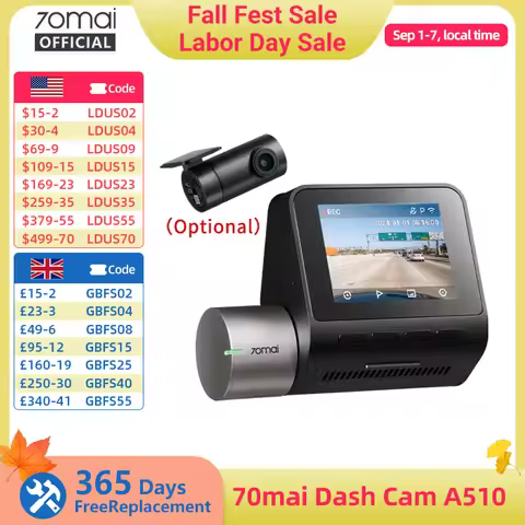70mai Dash Cam A510 1944P HDR GPS ADAS 4G Connectivity 70mai 4G Front Cam A510 Car DVR 24H Parking S