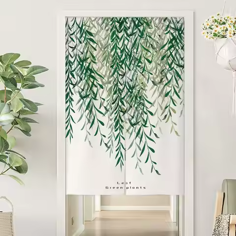 Boho Botanical Noren Curtain, Watercolor Green Leaf Pattern Fabric Divider, Modern Japanese Style Ki