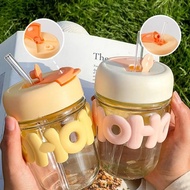 (acc ptk) HOHO Glass Cup 350ML Glass Cup + Straw HOHO Motif / hoho glass bottle / Korean aesthetic c