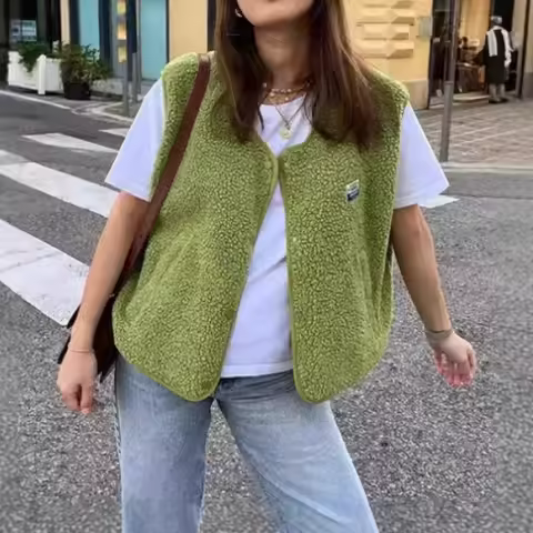 Women's Teddy Fleece Vest Autumn Thin Vest Sleeveless Coat Plain Plush Vest Short Jacket Loose Fleec