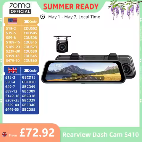 70mai Rearview Dash Cam S410 9.35" Mirror Display Front 2K Rear 1080P F1.55 Aperture Supercapacitor 