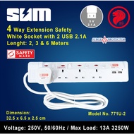 SUM 4 Way Extension Safety White Socket with 2 USB Ports (2.1A) & Surge Protector