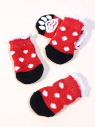 1套4入組紅白波點圖案寵物襪 - 室內防滑和防刮腳套,適用於貓和狗