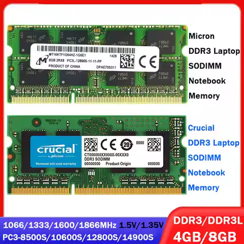 Crucial Micron Memoria Laptop RAM DDR3 DDR3L 8GB 4GB 1066 1333 1600 1866MHz SODIMM Memory PC3L-12800