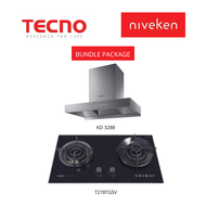 (HOOD + HOB) Tecno KD 3288 / KD3288 High Suction Chimney Cooker Hood + Tecno T 278TGTRSV / T278TGTRSV (78cm) 2-Burner Glass Cooker Hob with True Triple Ring Burners