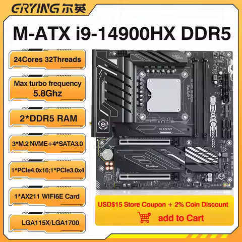ERYING M-ATX i9 14900HX Motherboard with Integrated CPU 24C32T DDR5 Dual RAM WIFI AX211 3*NVME M.2 4