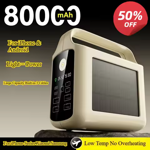 Solar Power Bank 80000mAh Large Capacity Fast Charging Built-in Cable Outdoor Mobile Power Supply Fo