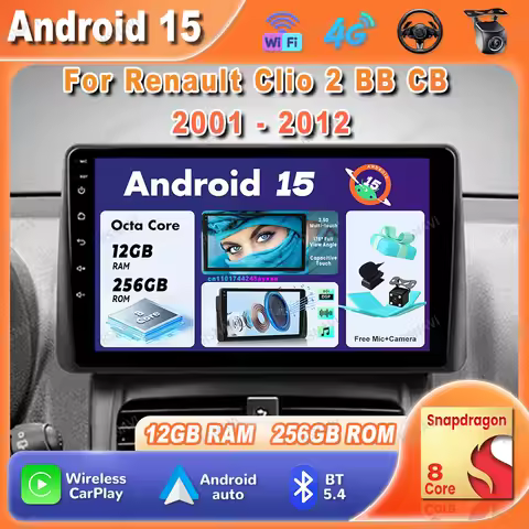 Car Radio Android 15 For Renault Clio 2 BB CB 2001 - 2012 GPS BT Head Unit Stereo Qualcomm Autoradio