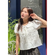 A380 babydoll shirt with lotus collar and lady's lace bow, Korean women's shirt ROSIE DREAM SHOP