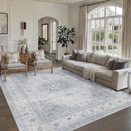 PureCozy 8x10 Blue Area Rug Vintage Washable Living Room Carpet Non Slip Bedroom Indoor Office Low P