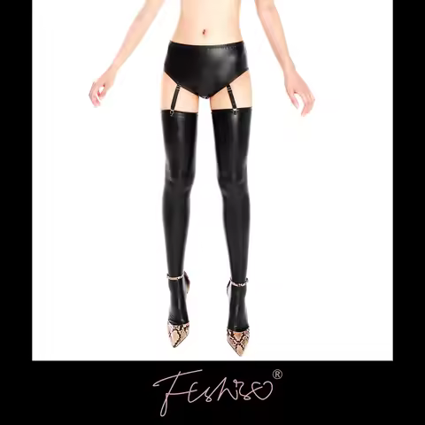 Ftshist Women's Wet Look Briefs High Waist Matte Black PU Leather Panties Fit Garter Socks Faux Leat