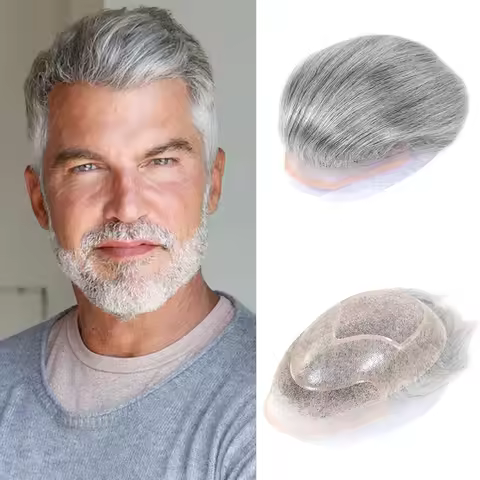 6x8 6x9 7x9 7x10 Grey Men Human Hair Prosthesis Mono PU Lace Front Men's Toupee Hairpiece Replacemen